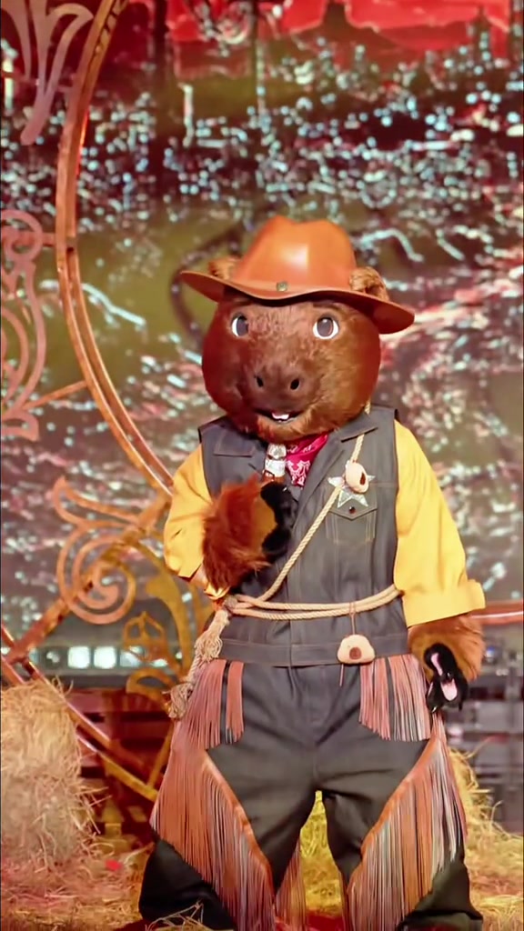 Mascot CAO BỒI LANG đầu ngựa nâu, đội mũ cao bồi cam, áo gilê tua rua đứng giữa sân khấu trang trí rơm rạ