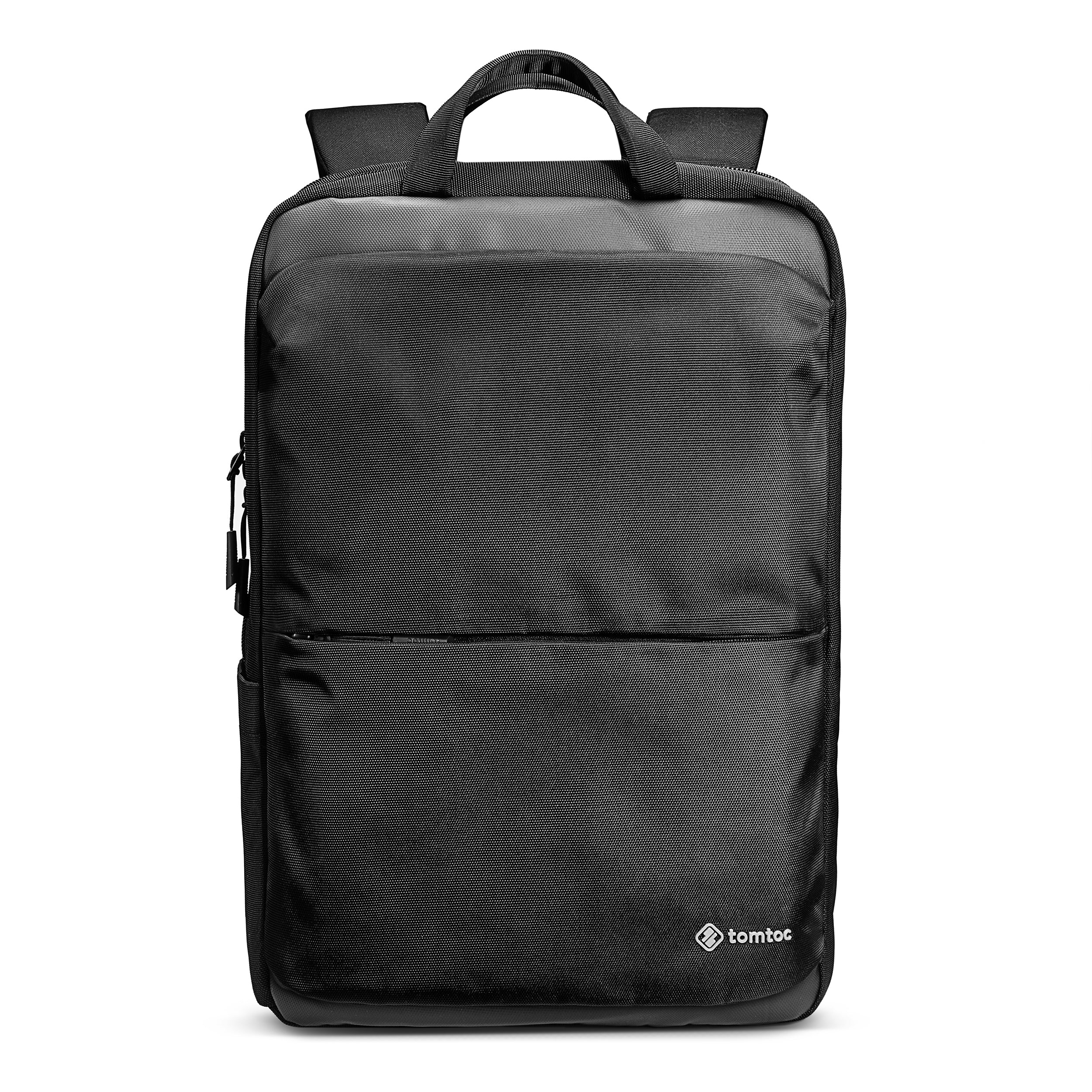 Backpack tomtoc Explorer T71 warna hitam dilihat dari depan dengan logo tomtoc di penjuru bawah kanan