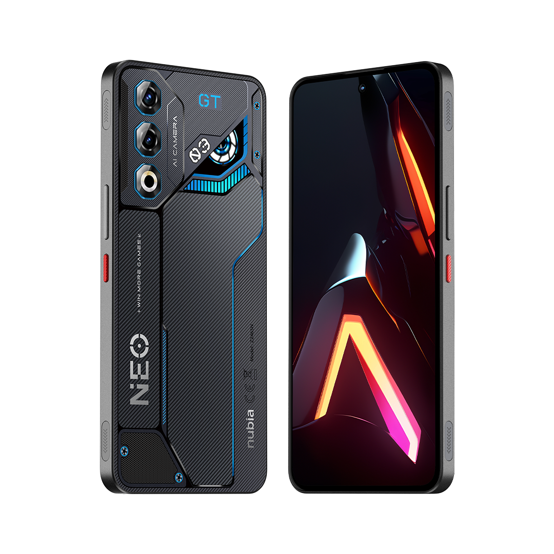 Gambar rasmi Nubia Neo 3 GT menunjukkan belakang berreka bentuk gaming dengan jalur biru dan hadapan skrin penuh
