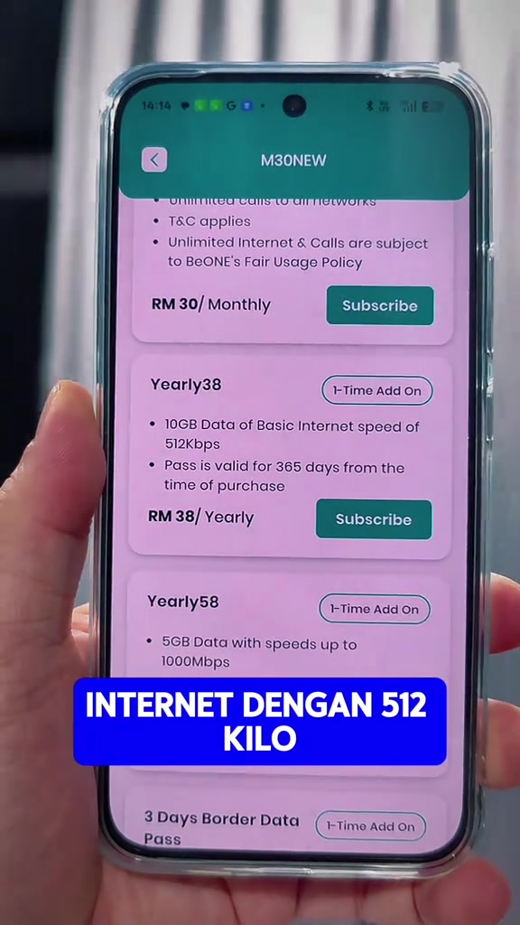 Skrin app BeONE-Mobile memaparkan butiran Yearly38: 10GB data pada kelajuan asas 512Kbps dan pas sah 365 hari dari tarikh pembelian, dengan kapsyen video internet dengan 512 kilo.