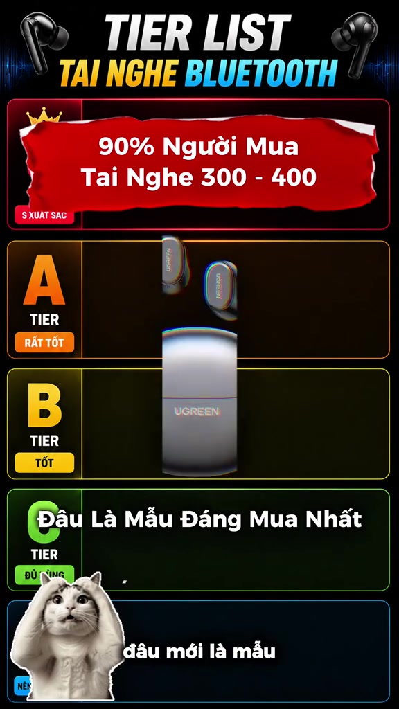 Đầu bảng tier list tai nghe Bluetooth với dòng chữ 90 phần trăm người mua tai nghe 300 đến 400 nghìn