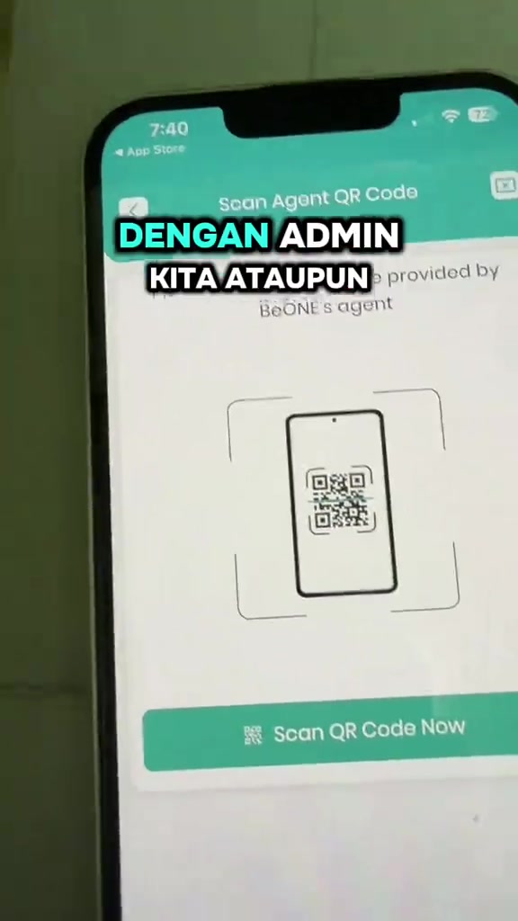 Skrin app BeONE-Mobile pada halaman Scan Agent QR Code untuk pendaftaran melalui ejen, dengan butang Scan QR Code Now.