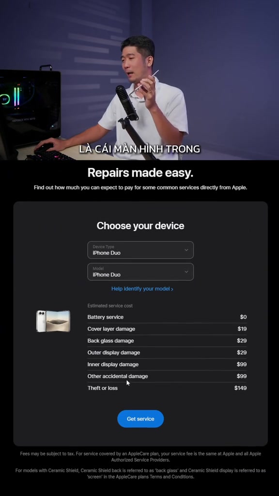 Bảng phí sửa chữa khi có AppleCare+ cho iPhone Duo: màn trong 99 USD, lớp phủ 19 USD, pin 0 USD