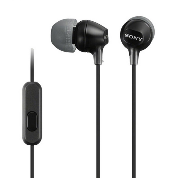 Gambar rasmi earphone Sony MDR-EX15AP warna hitam dengan modul butang pada wayar