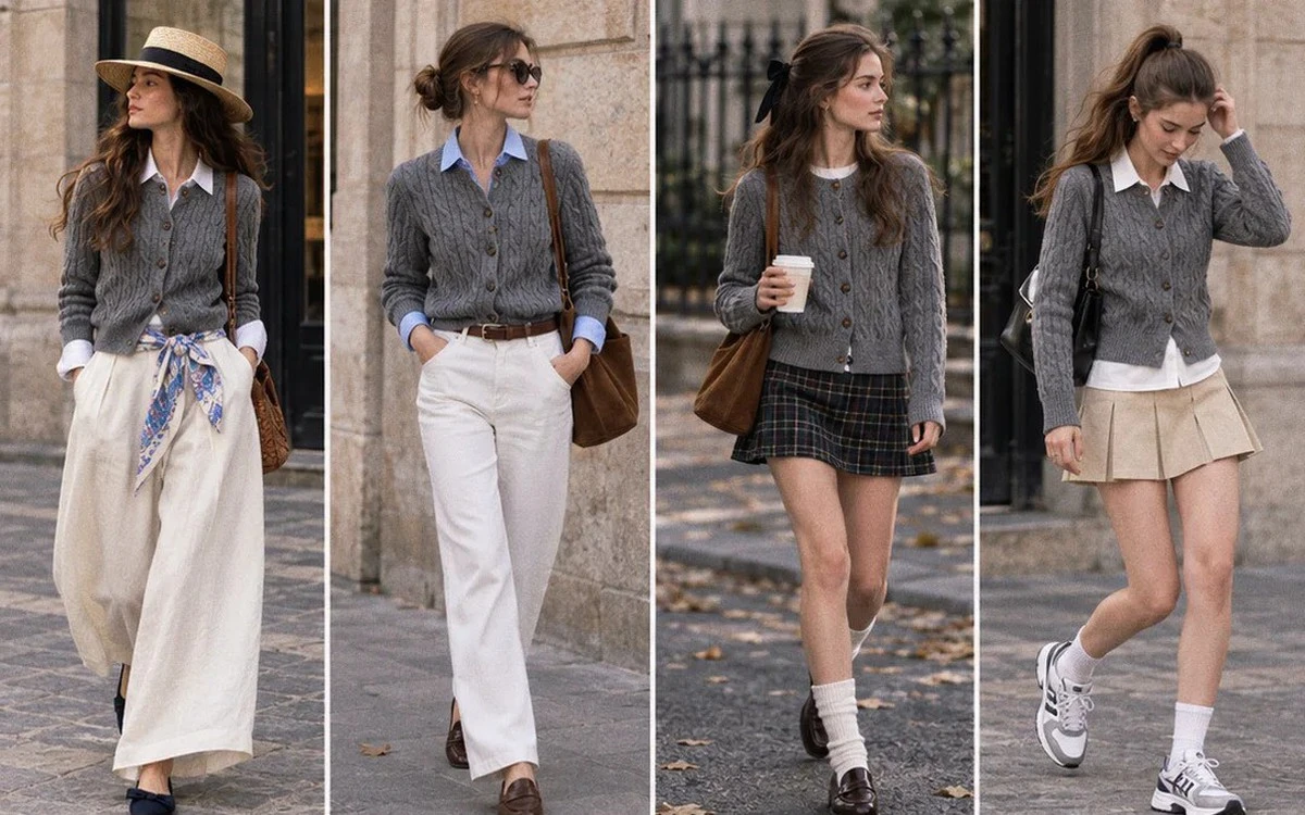 Áo len ghi và blazer lửng: bộ đôi xây dựng phong cách old money