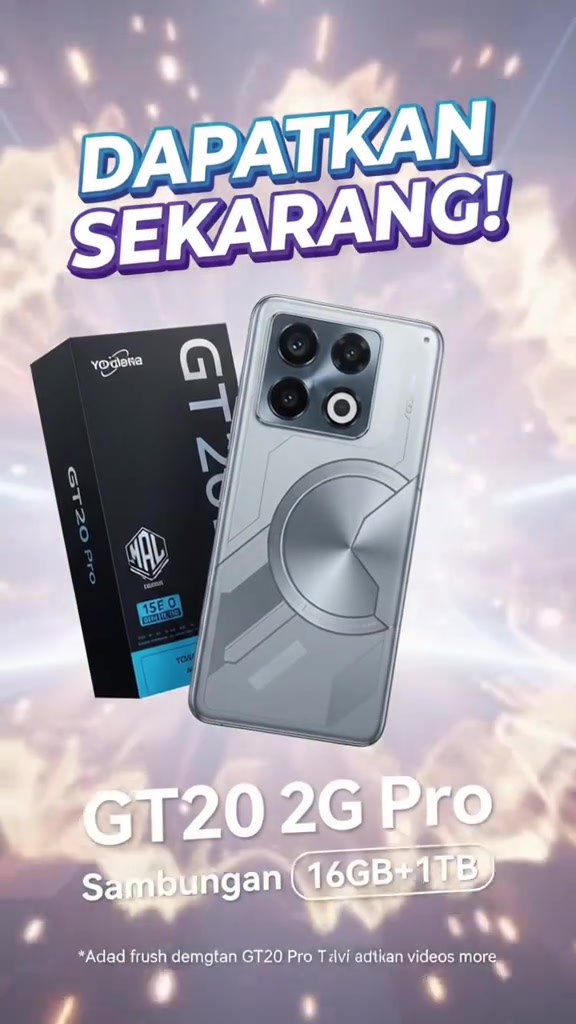 Kotak hitam jenama tidak jelas bertulis GT20 Pro sebelah telefon perak dengan teks janaan AI GT20 2G Pro Sambungan 16GB+1TB
