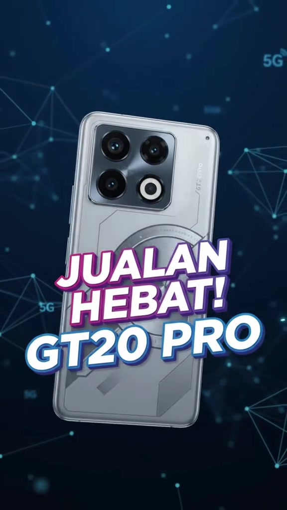 Render iklan bertulis JUALAN HEBAT GT20 PRO dengan telefon perak atas latar biru berangkai 5G