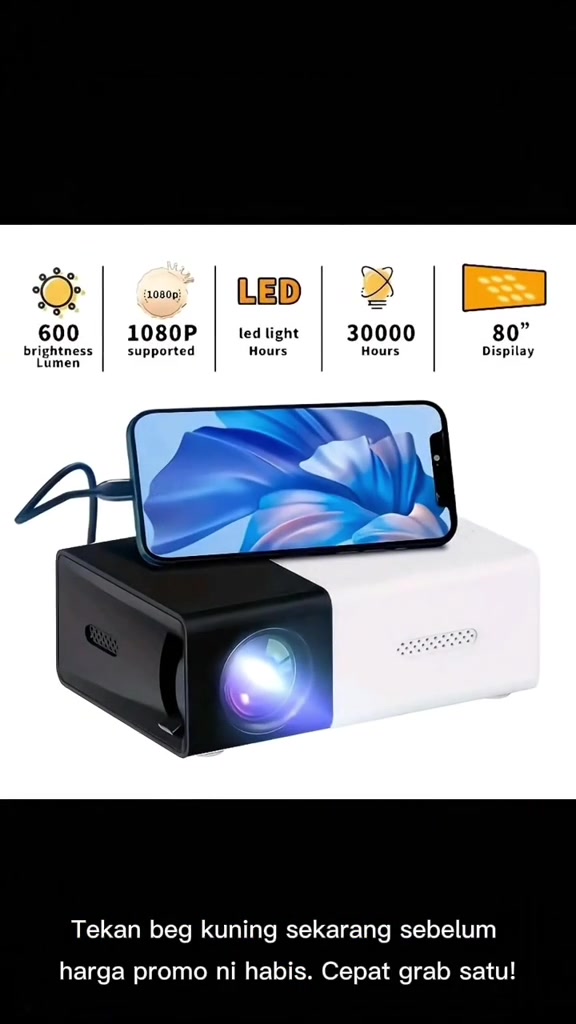 Grafik spec penjual projektor mini: 600 brightness Lumen, 1080P supported, LED 30000 jam, paparan 80 inci, dengan unit projektor dan telefon di atasnya