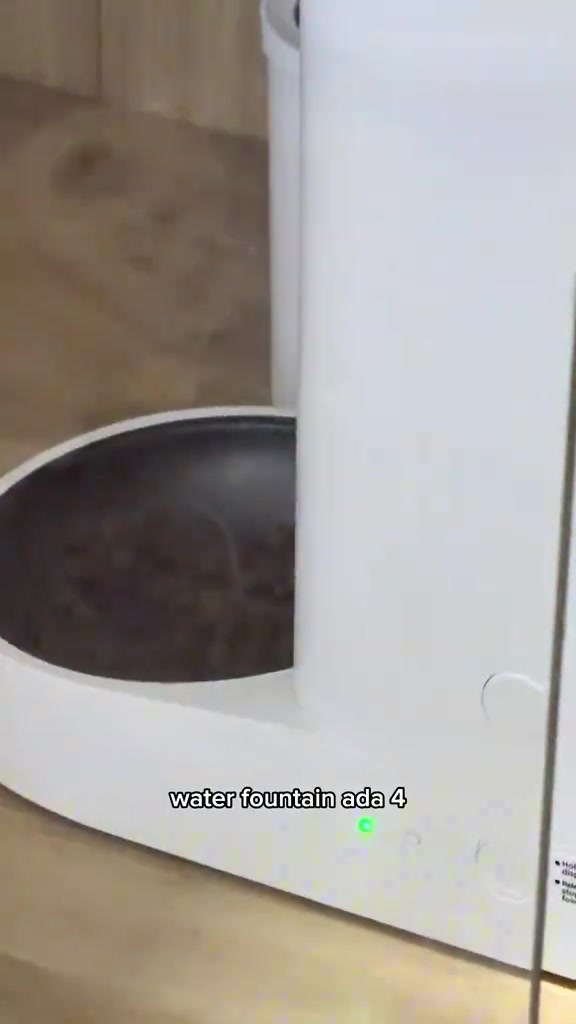 Tangkap dekat water fountain kucing berwarna putih dengan mangkuk hitam dan lampu indikator hijau
