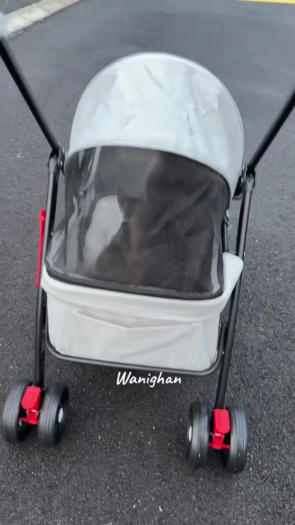 Pandangan depan stroller kucing berkanopi dengan kucing kelihatan melalui jaring hadapan