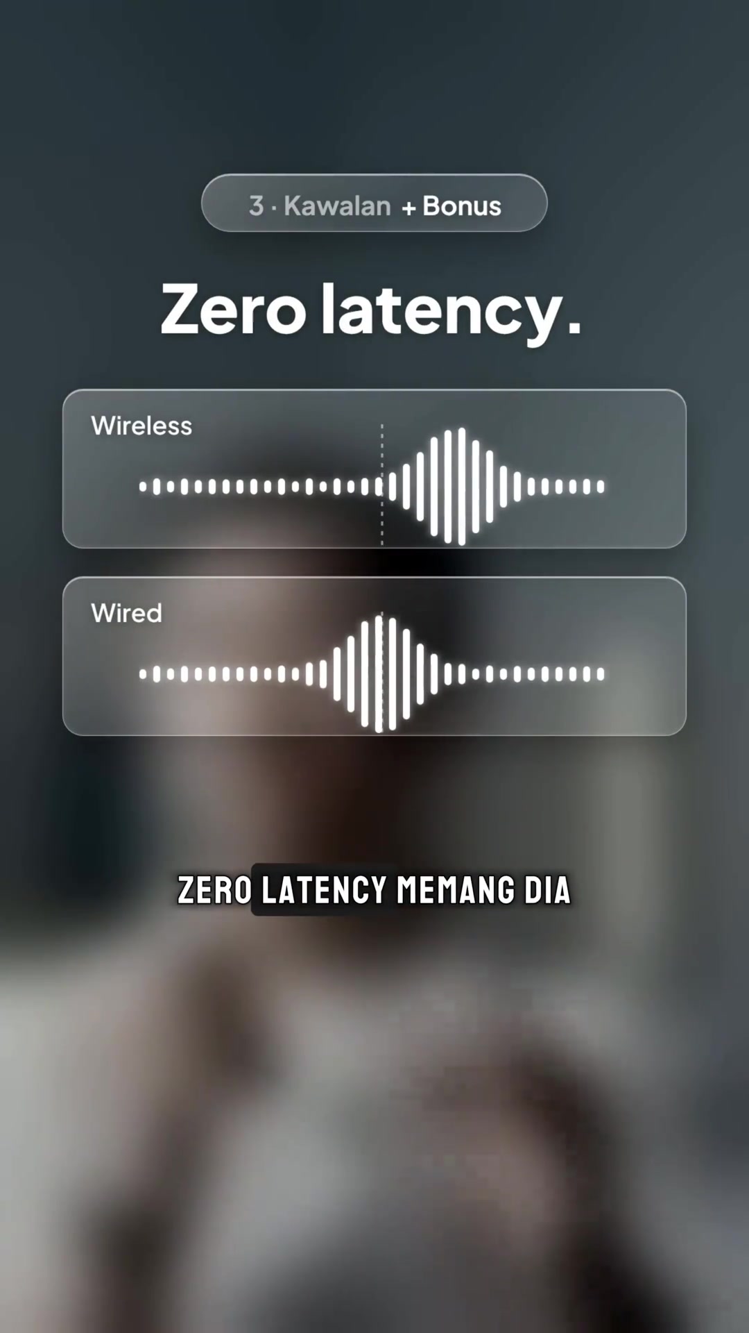 Grafik perbandingan gelombang bunyi wireless dan wired yang menunjukkan wired tiada kelewatan isyarat