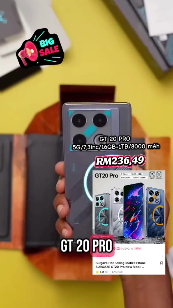 Telefon perak GT20 Pro clone dengan modul kamera bulatan dipegang tangan bersama overlay listing RM236.49