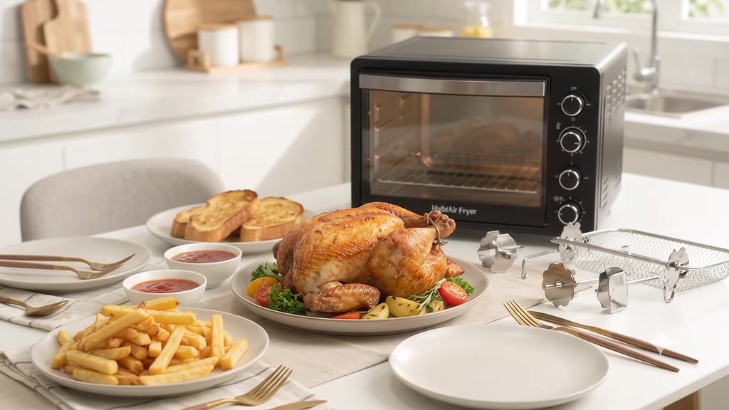 Air fryer oven 30L hitam di atas meja makan putih bersama pinggan ayam panggang seekor, fries, roti bakar dan aksesori rotisserie di sisi