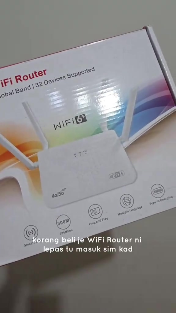 Kotak router WiFi 6 berwarna putih dengan gambar router empat antena serta label 300Mbps, global band dan 32 peranti disokong