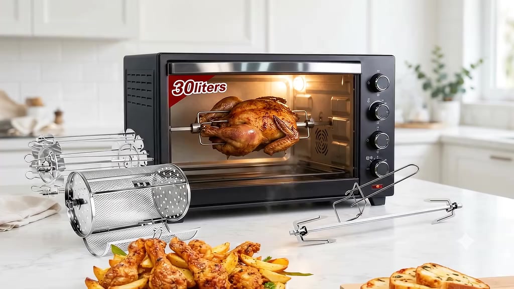 Aksesori stainless steel tersusun di hadapan air fryer oven 30L: bakul rotisserie berlubang, pencucuk garpu dan alat penanggal, dengan pinggan ayam goreng di hadapan