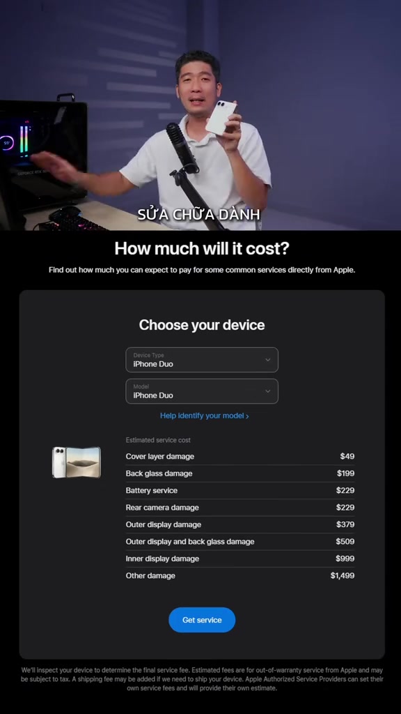 Bảng giá sửa chữa hết bảo hành của Apple cho iPhone Duo: màn trong 999 USD, hư hại khác 1.499 USD