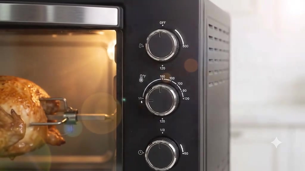 Tiga tombol manual hitam di sisi air fryer oven: tombol fungsi, tombol suhu berskala sehingga 250 darjah dan tombol timer sehingga 60 minit