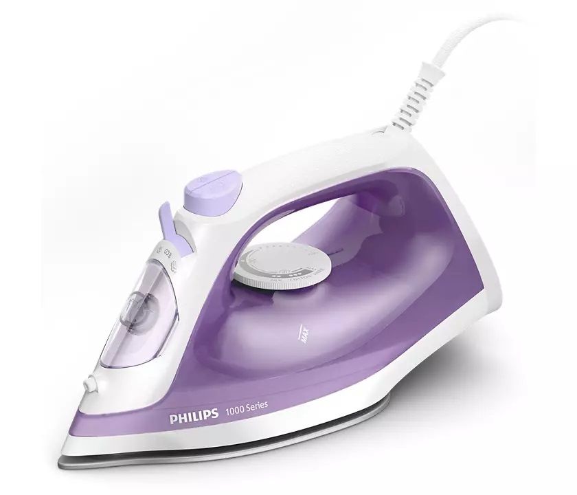 Seterika wap Philips 1000 Series warna ungu dan putih dengan tangki air transparent