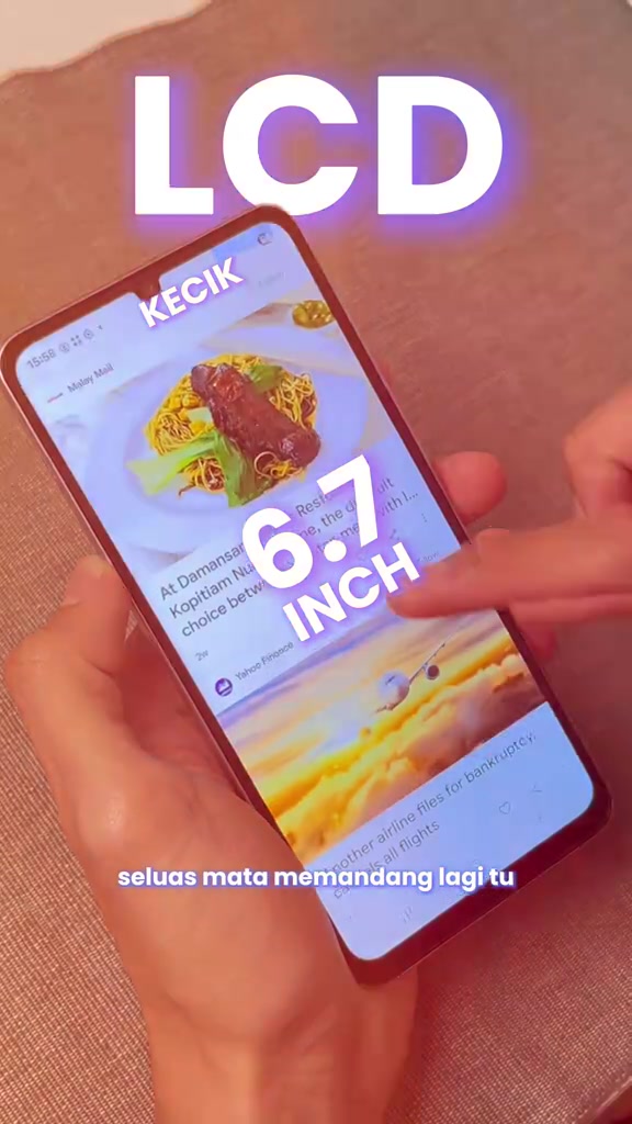 Skrin Samsung Galaxy A07 papar aplikasi mel dengan teks besar LCD dan 6.7 inci