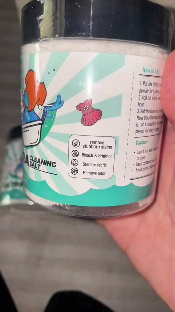 Label balang serbuk cleaning salt menunjukkan arahan cara guna dan amaran keselamatan