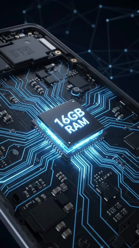 Render iklan cip bertulis 16GB RAM bercahaya biru di atas papan litar telefon