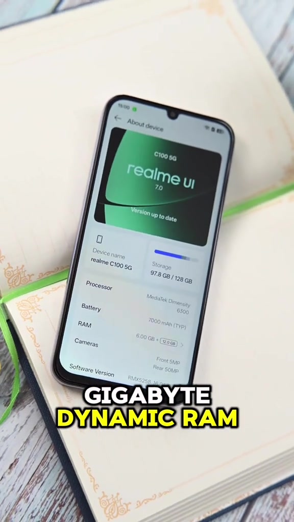 Skrin tetapan realme C100 5G menunjukkan nama peranti, pemproses MediaTek Dimensity 6300, bateri 7000mAh dan storan 128GB