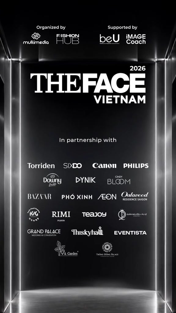 Bảng đồ họa cuối tập 3 The Face Vietnam 2026: đơn vị tổ chức Multimedia JSC và Fashion Hub, đơn vị hỗ trợ beU và Image Coach, cùng loạt thương hiệu đồng hành như Torriden, SIXDO, Canon, Philips, Downy, BAZAAR, AEON