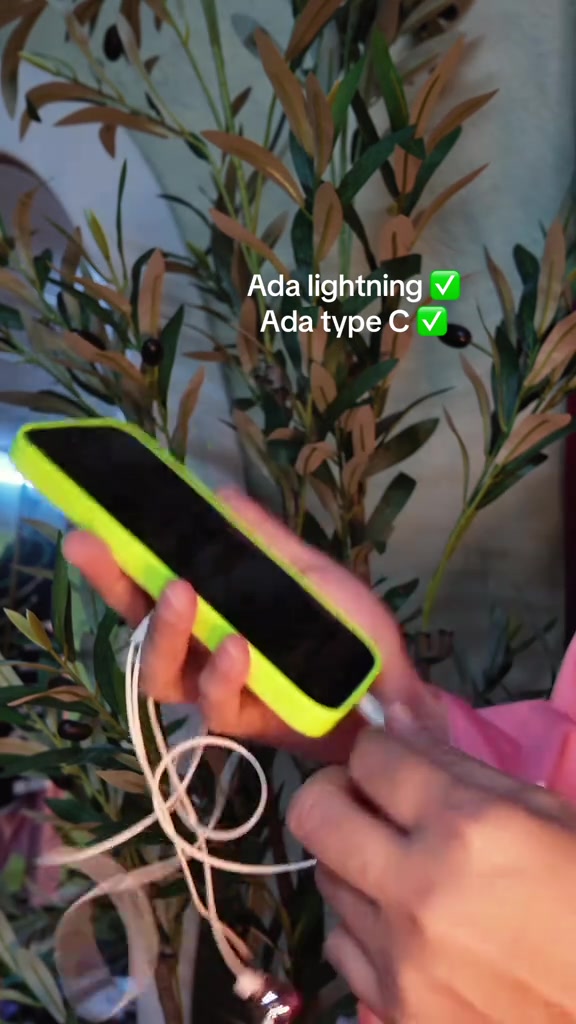 Tangan mencucuk wayar earphone putih ke telefon bersarung hijau, dengan nota varian Lightning dan Type-C