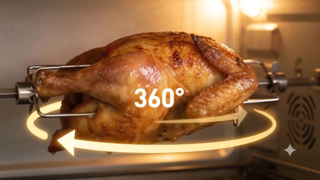 Seekor ayam panggang keemasan tergantung pada pencucuk rotisserie di dalam oven, dengan anak panah bulatan bertanda 360 darjah