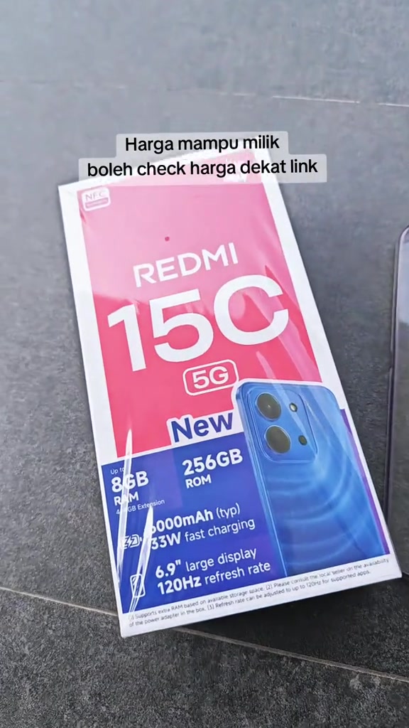 Kotak Redmi 15C 5G warna merah jambu papar spesifikasi 8GB RAM, 256GB ROM, 6,000mAh, 33W dan skrin 6.9 inci 120Hz