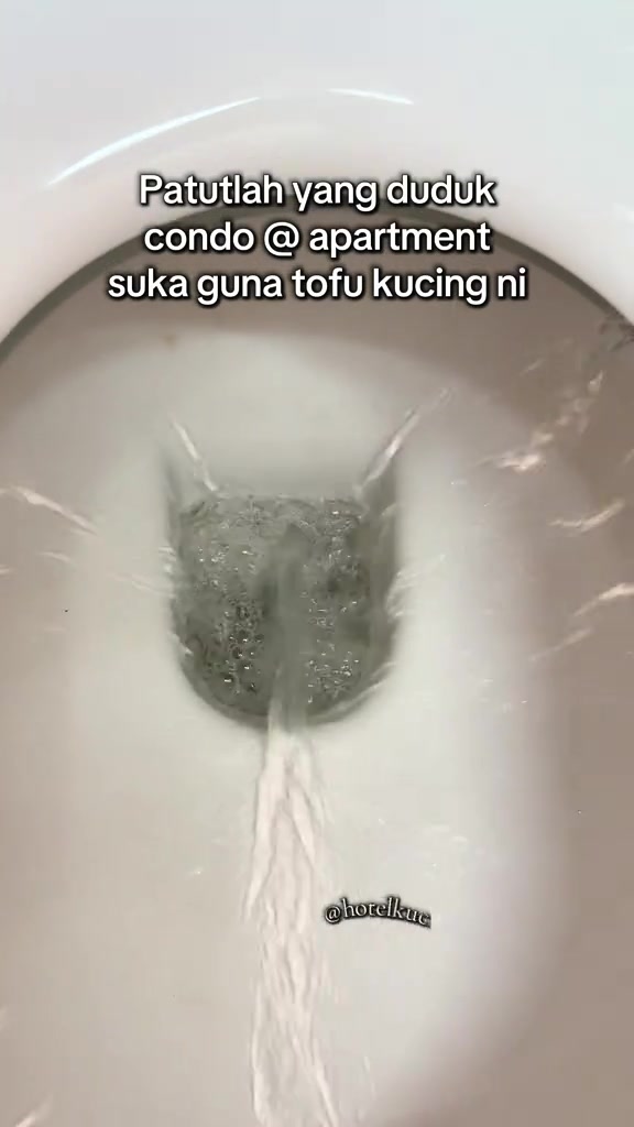 Ketulan pasir kucing sedang diflush dengan jet air dalam mangkuk tandas