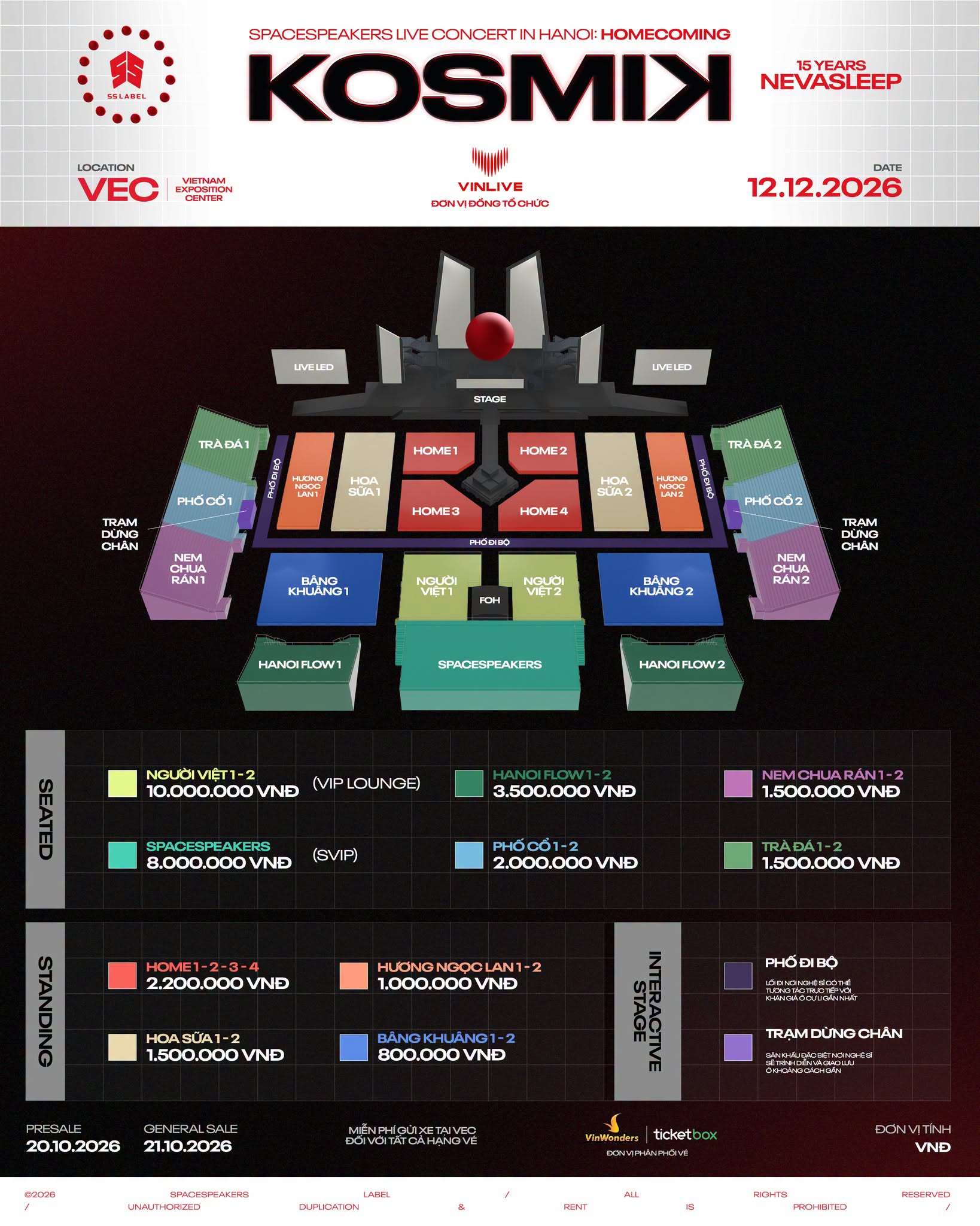 Giá vé KOSMIK Live Concert 2026 Hà Nội 12/12: 10 hạng từ 800.000 đồng, general sale 11:00 ngày 21/10
