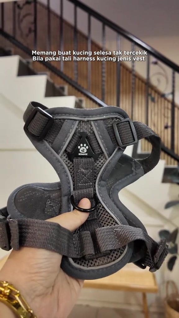 Harness kucing jenis vest mesh kelabu dipegang di tangan, nampak gesper boleh laras dan cincin besi untuk tali