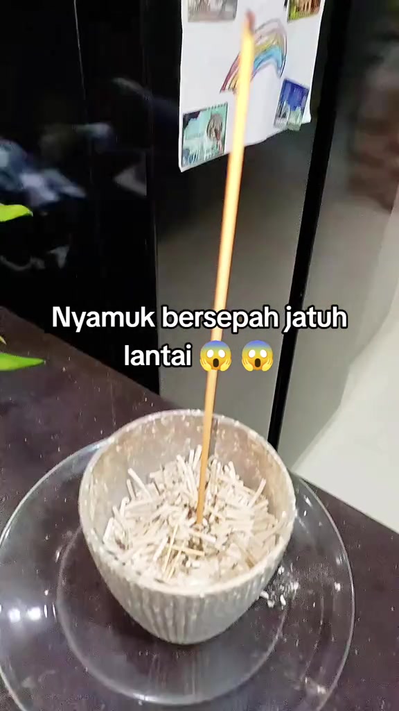 Sebatang ubat nyamuk stick berdiri dalam mangkuk berisi sisa stick terpakai di atas meja
