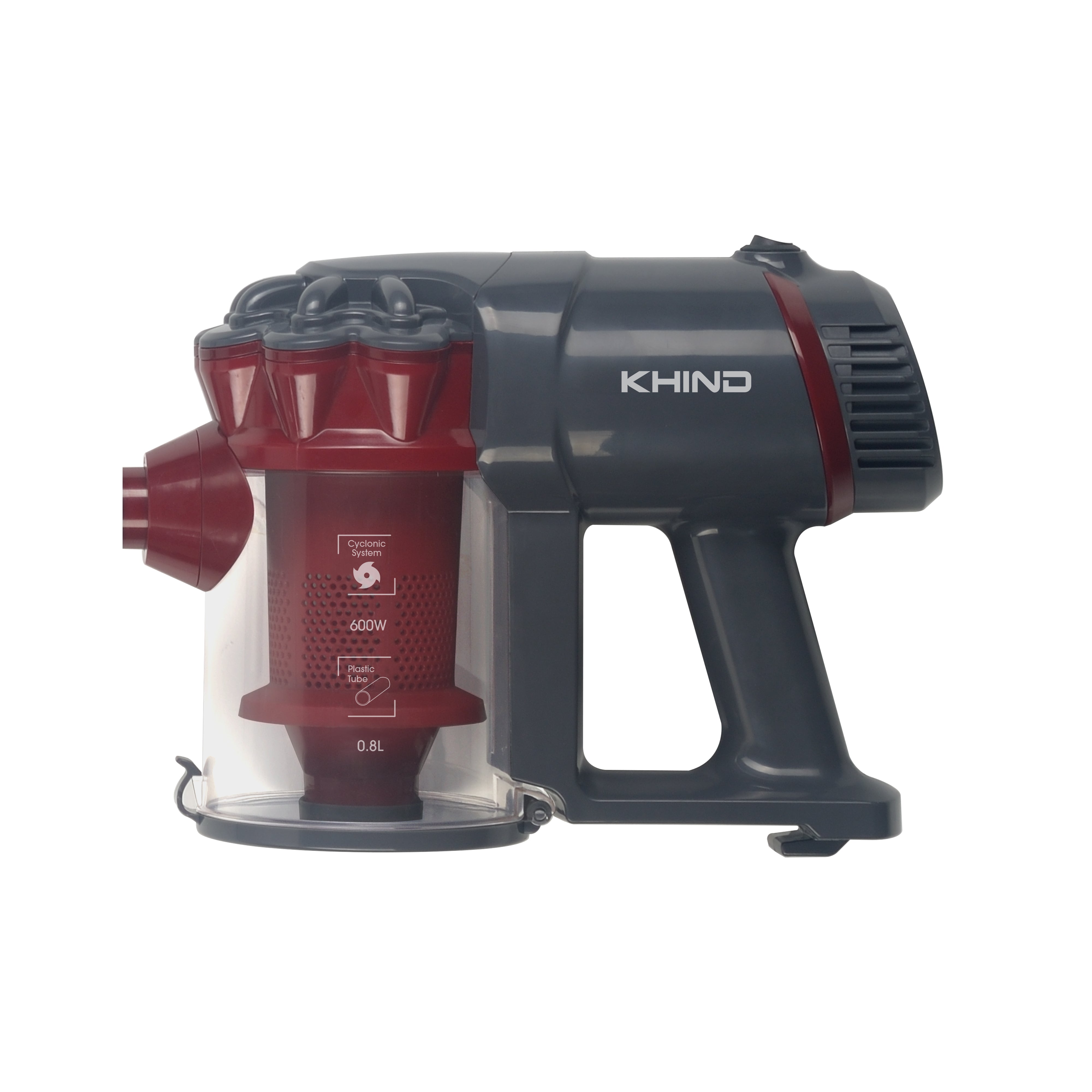 Badan vacuum berwayar Khind VC66B warna kelabu dan merah dengan bekas habuk lutsinar 0.8L