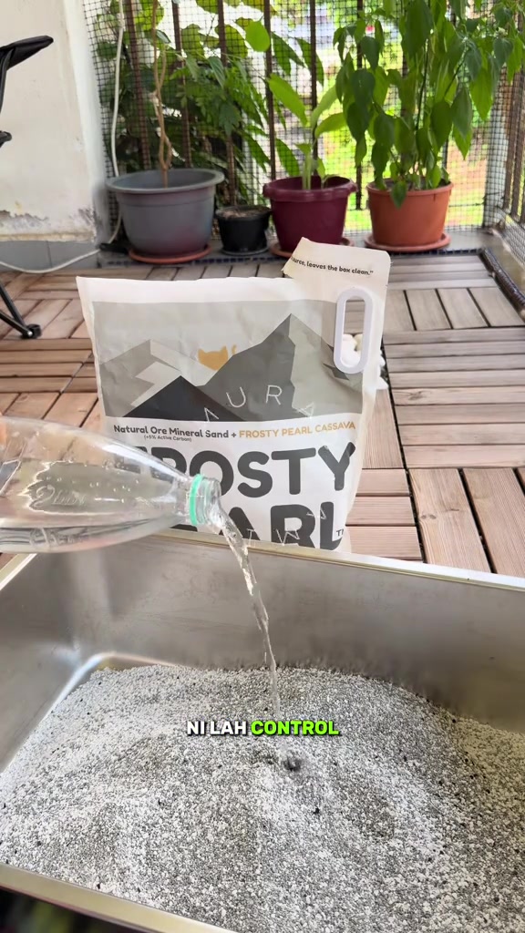 Air dituang dari botol plastik ke atas pasir campuran cassava dan mineral kelabu dalam tray stainless untuk ujian clump