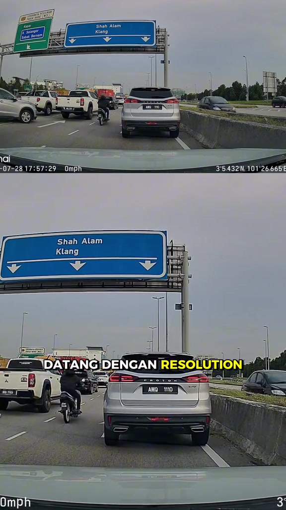 Rakaman dashcam 70mai di lebuh raya dengan papan tanda Shah Alam dan Klang, bertandakan tarikh, masa, kelajuan 0mph serta koordinat GPS di bahagian bawah gambar