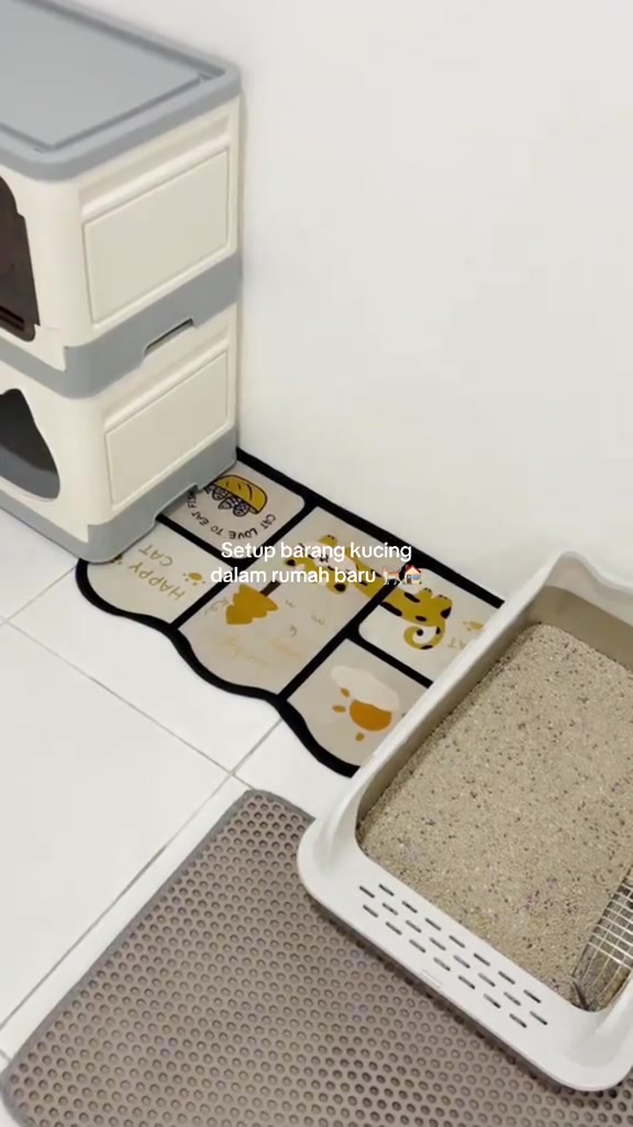 Sudut rumah dengan kotak pasir terbuka berisi pasir di atas tikar litter, sebelah kabinet simpanan kucing bertingkat