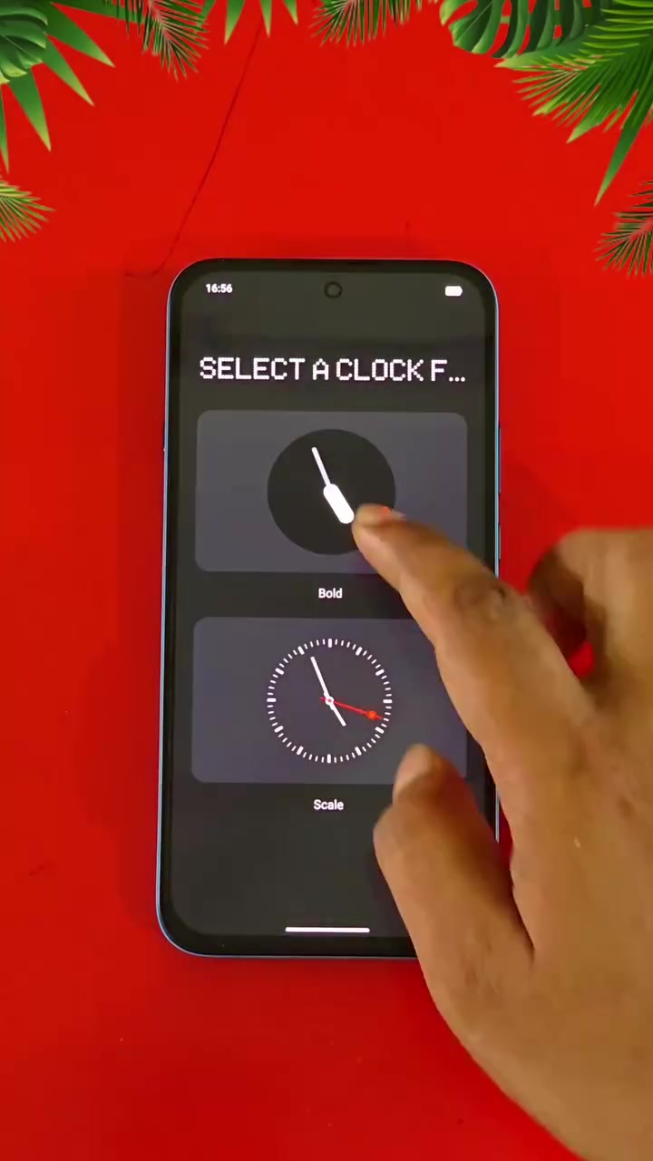 Skrin Nothing Phone (4b) memaparkan pilihan gaya jam lockscreen Bold dan Scale dalam Nothing OS