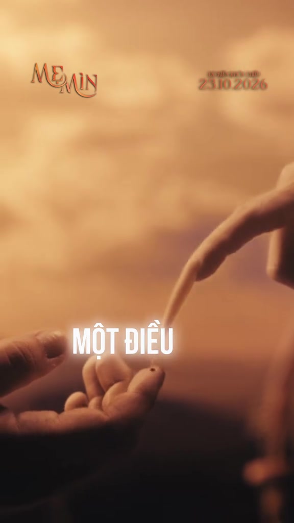 Hai bàn tay trao nhau một sợi mảnh trước nền trời màu hổ phách trong teaser phim Mẹ Mìn