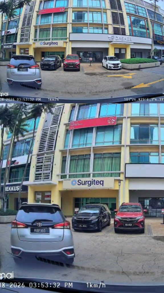 Rakaman mod parking dashcam 70mai menghadap tempat letak kereta dengan tera masa dan koordinat GPS pada gambar