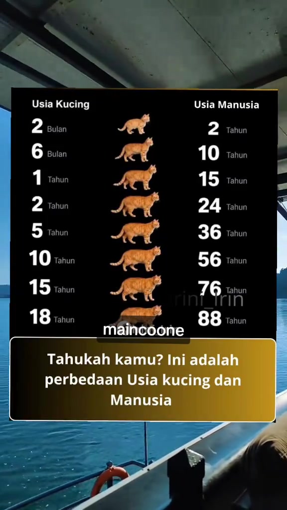 Carta hitam memaparkan pasangan umur kucing dan umur manusia dari dua bulan hingga 18 tahun, dengan siluet kucing oren di tengah