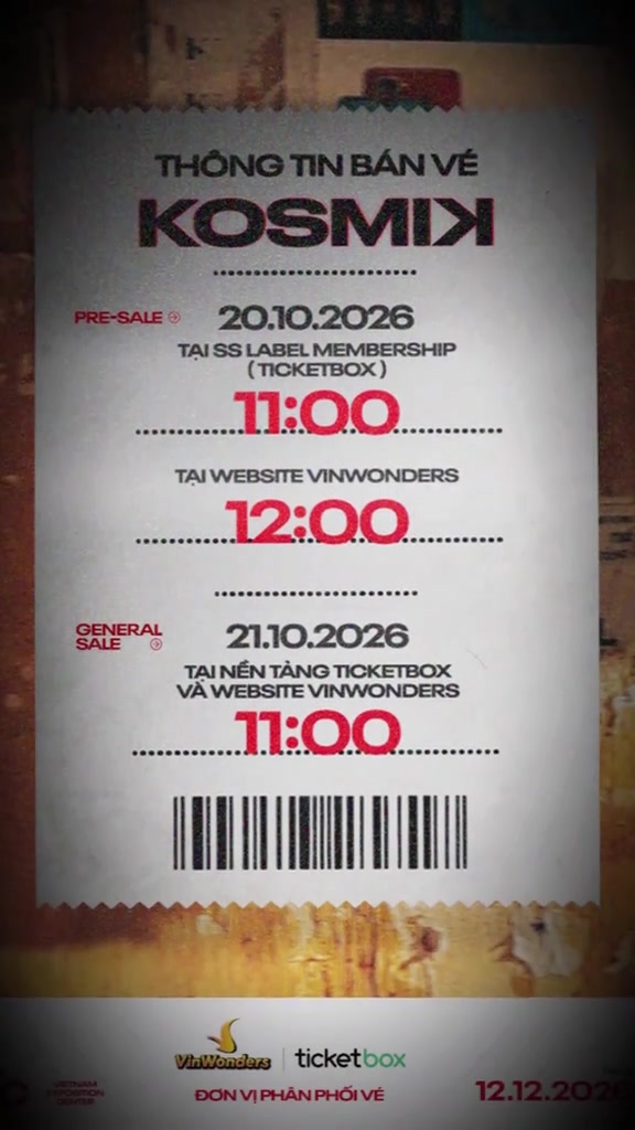 Đồ họa dạng vé giấy ghi lịch mở bán KOSMIK: pre-sale 20/10/2026 lúc 11:00 và 12:00, general sale 21/10/2026 lúc 11:00