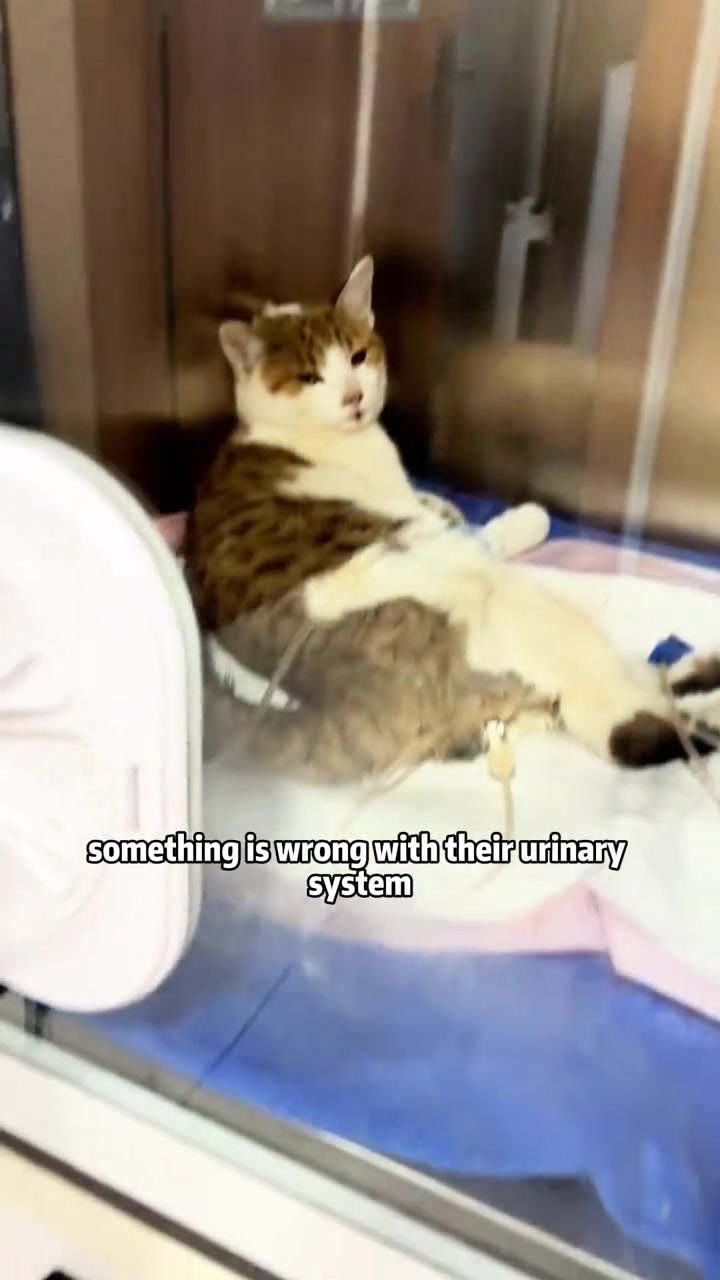 Kucing baring dalam kurungan klinik veterinar dengan wayar pemantauan dan tiub di badan