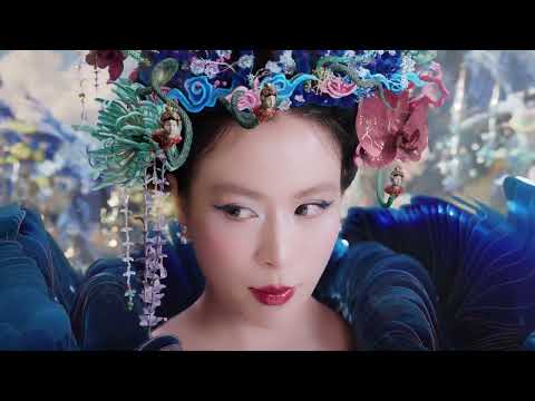 Tạo hình của Hoàng Thùy Linh trong MV Thầy Dùi: mũ đội đầu xanh cobalt đính hoa, chim phượng và chuỗi ngọc, vai áo lông vũ xanh