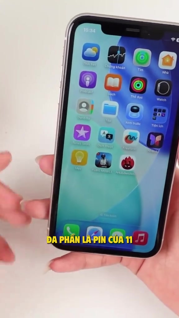 Mặt trước iPhone 11 đang mở màn hình chính với các icon ứng dụng