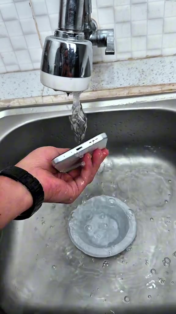Tangan membilas phone bawah air paip yang mengalir di singki stainless steel selepas terdedah kepada air