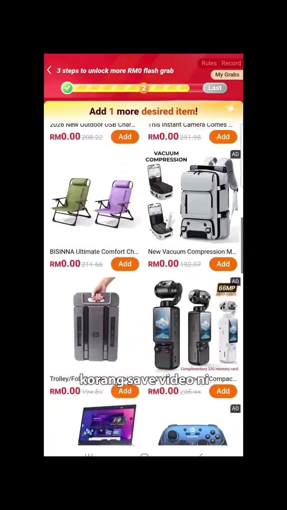 Skrin flash grab Temu menunjukkan senarai item RM0.00 dengan harga coret seperti RM205.44 dan RM211.66