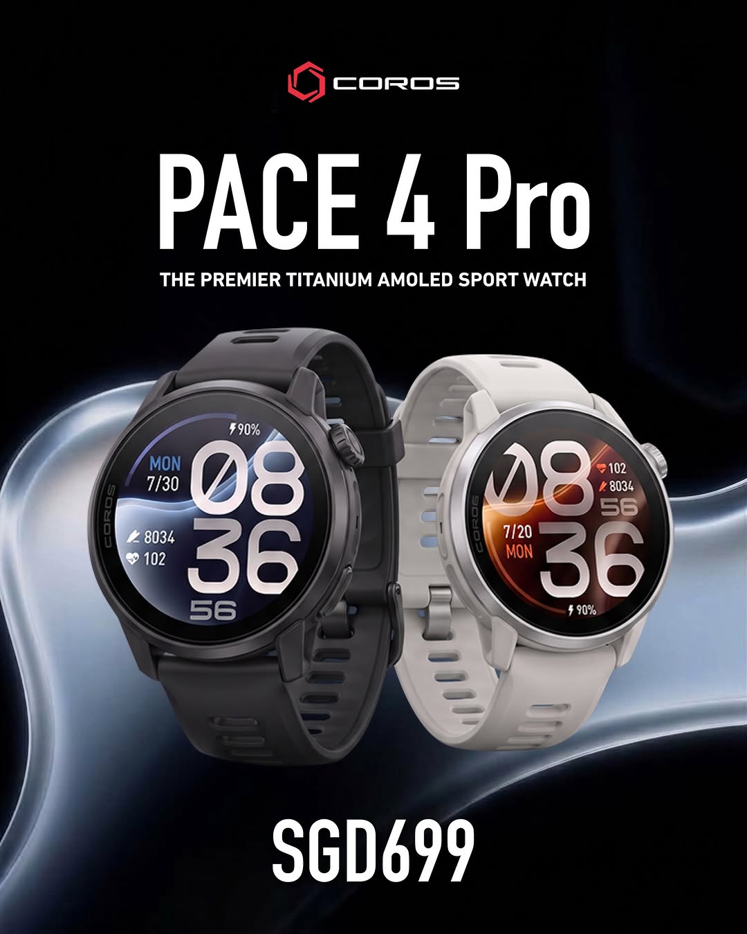 Grafik rasmi COROS Singapore menunjukkan PACE 4 Pro warna hitam dan putih dengan harga SGD699