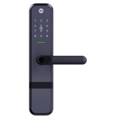 Gambar rasmi smart lock Yale Zuri warna hitam dengan keypad nombor dan pemegang lever atas latar putih